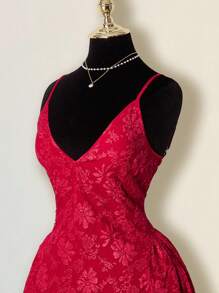 SHEIN ICON Women's Dark Pattern Mini A-Line Flowy Dress, Solid Red Color, Sexy Elegant Deep V Neck Backless Peplum Bodycon Party Dress Red Homecoming Dress - Red - View 4