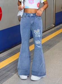 SHEIN Tween Girl Summer Holiday Raw Hem Lilac Washed Ripped High Stretch Cotton Soft Flare Jeans , Summer Vacation Beach Concert Rave, Girls Bell Bottom Jeans, Tween Girls Bell Bottom Jeans, Girls Distressed Bell Bottom Jeans, Tween Girls Medium Wash Bell Bottom Jeans, Girls Wide Leg Jeans Fall Winter - Light Wash - View 5