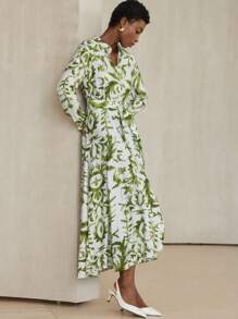 Aveloria Modichic Elegant Olive Green Floral Print Linen Dress For Women,Autumn Tea Party Holiday Bohemian Style,Long Sleeve Button Front Waist Tie Bamboo Nodes Dress - Multicolor - View 6
