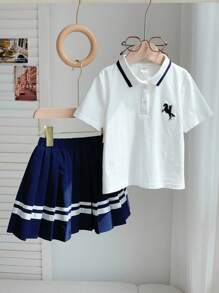 2pcs/Set Young Girl Polo Collar Casual T-Shirt And Pleated Skirt Outfit For School - Multicolor - View 7