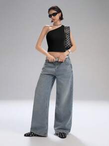 LYSMO 2025年夏季新款女士不对称露背单肩修身上衣，金属环细节和侧系带设计。完美契合辣妹风格、极简日常穿着和前卫休闲时尚。 - 黑色 - 查看 7