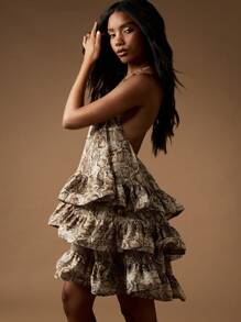 MISSGUIDED 层叠蛇纹印花迷你连衣裙，荷叶边高领露背设计，优雅婚礼宾客派对俱乐部晚宴舞会假日度假性感时尚春夏秋季 - 黃色 - 查看 3