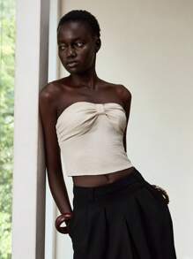 Lumivelle Women's Elegant Bow Decor Tube Top - Apricot - View 1