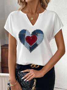 SHEIN Clasi Áo sơ mi nữ tay ngắn họa tiết trái tim giả denim, phù hợp cho mùa hè - Nhiều màu - Xem 3