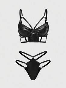 ROMWE Grunge Punk Bộ đồ lót dây và áo ngực có gọng PU Dark Punk, gợi cảm - màu đen - Xem 1