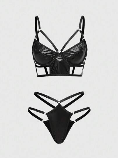 Grunge Punk Set di biancheria intima composto da reggiseno con ferretto e perizoma in stile punk scuro in pelle sintetica, sexy