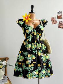 Soleia Rochie mini pentru femei de mărime mare, exclusivă, cu imprimeu de lămâie, mânecă scurtă, talie strânsă, linie A - Multicolor - Vizualizare 9