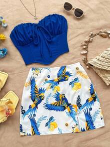 Soleia Women White And Blue Floral Boho Tube Top & Skirt Set,Beach Vacation 2 Pieces Outfit,Tropical Print Music Festival Club Summer Set  No Chest Padding - Multicolor - View 6