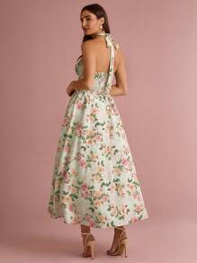 Enchnt Váy dài công chúa hở lưng in họa tiết hoa hồng màu xanh bạc hà lãng mạn dành cho nữ mùa hè/thu - màu xanh lá - Xem 7