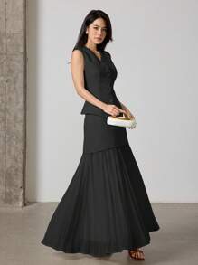 Heiryn Bộ 2 món áo vest trơn màu thanh lịch và chân váy xếp ly cho nữ - màu đen - Xem 3