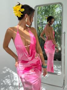 Aloruh مجموعة سيدات صيف مكونة من كامي بطبعة زهرية وياقة خطافية وتنورة ماكسي مكسرة الحافة، مثيرة