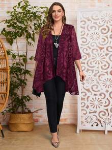 EMERY ROSE Plus Size Women Jacquard 3/4 Sleeve Open Front Casual Vacation Jacket - Burgundy - View 3