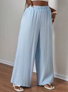 SHEIN PETITE CURVE Pantalon casual de grande taille, couleur unie, adapté pour l'été - Bleu ciel - Voir 4
