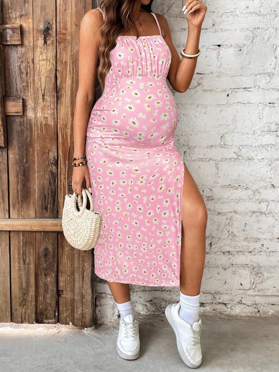 SHEIN 孕妇碎花开衩吊带连衣裙，适合夏季海滩度假