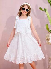 Set de 2 piezas con top de tirantes con bordado calado y falda para niña preadolescente, ideal para verano y viajes - Blanco - Ver 1