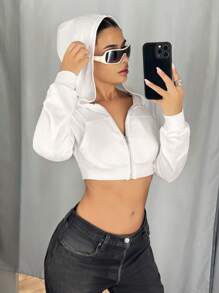 Sweetina Women Sexy Crop Hooded Zip-Up Sweatshirt, Spring/Autumn Casual Long Sleeve Hooded Sweatshirt With Pockets