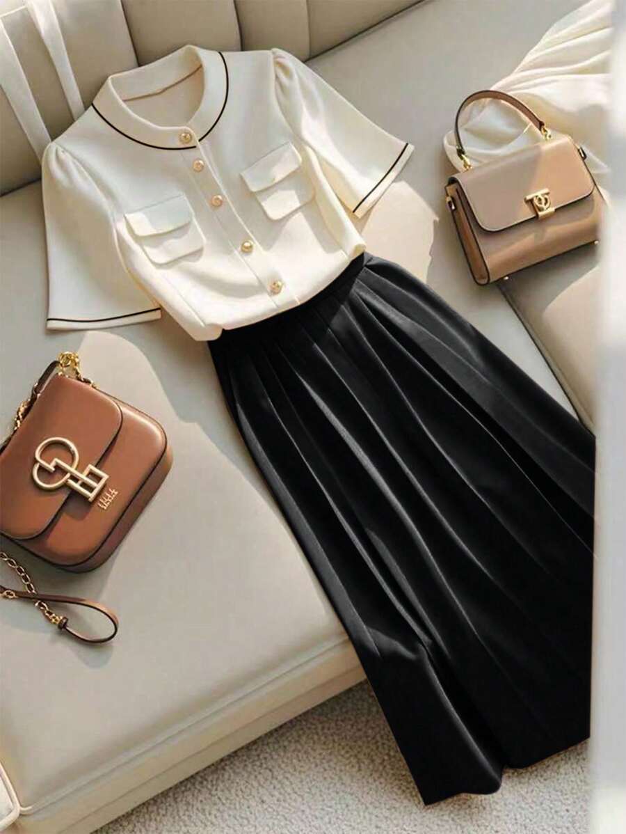 GlowEve Bộ trang phục công sở 2 món cho nữ: Áo cánh tay ngắn và chân váy xếp ly chữ A - màu đen - Xem 1