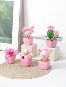 1pc仿真植物盆栽/5pcs盆栽组合家居玄关卧室浴室书柜窗台迷你可爱粉色派对装饰美观情人节礼物礼品生日毕业 - 粉色 - 查看 16