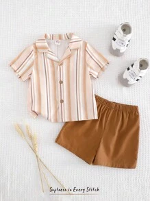 Cozy Pixies Bộ 2 áo sơ mi tay ngắn cổ polo họa tiết sọc nhiều màu cho bé trai và quần short cạp chun, thích hợp mặc vào mùa xuân/hè, kỳ nghỉ thư giãn, thích hợp mặc ở nhà, đi chơi, dã ngoại, ngày lễ - Nhiều màu - Xem 1