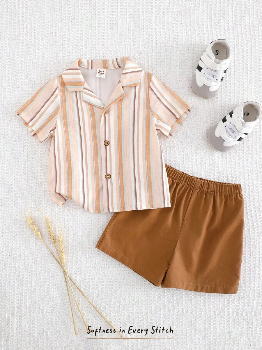 Cozy Pixies Bộ 2 áo sơ mi tay ngắn cổ polo họa tiết sọc nhiều màu cho bé trai và quần short cạp chun, thích hợp mặc vào mùa xuân/hè, kỳ nghỉ thư giãn, thích hợp mặc ở nhà, đi chơi, dã ngoại, ngày lễ - Nhiều màu - Xem 1