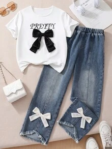 SHEIN 两件套青少年女孩 3D 蝴蝶结短袖 T 恤和牛仔长裤休闲装