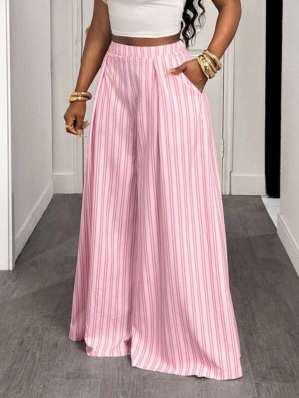 BamGleam Women's High Waist Striped Print Pleated Wide Leg Pants, Casual, Comfortable, Women Summer Fashion Long Trousers