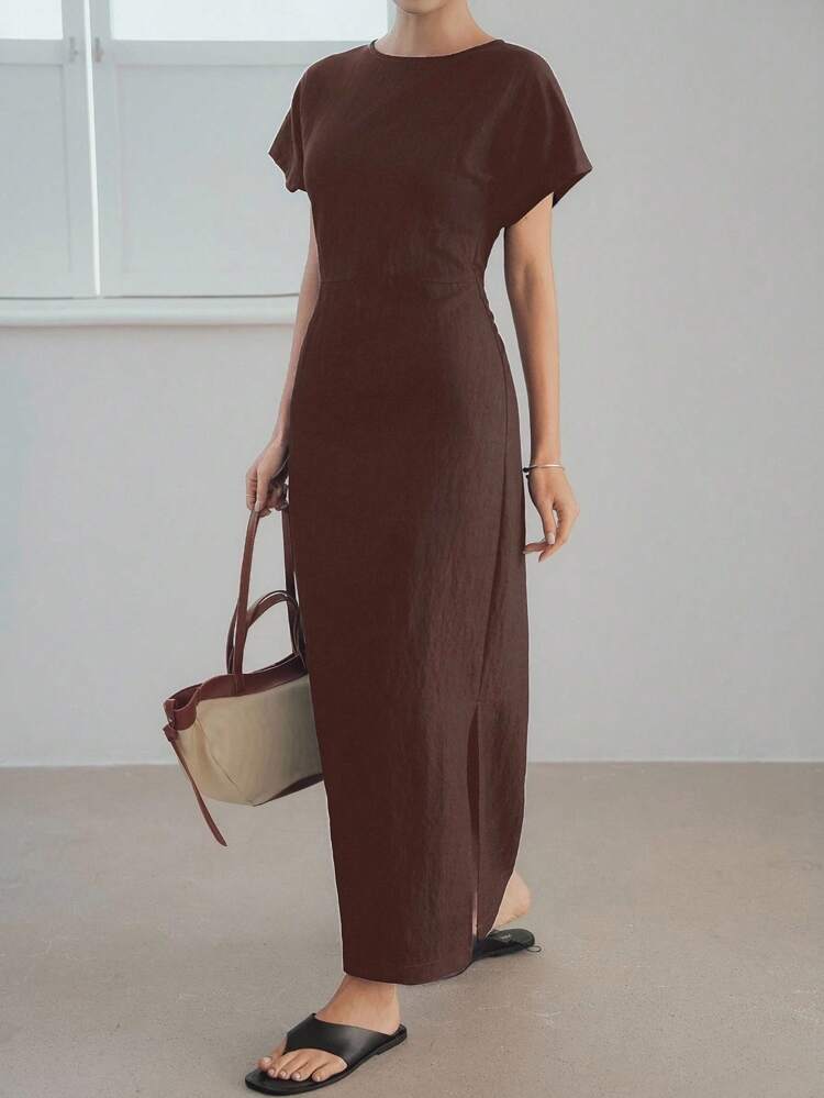 Elegant & Casual Solid Color Linen Midi Dress, Business Leisure Wear For Women In Summer