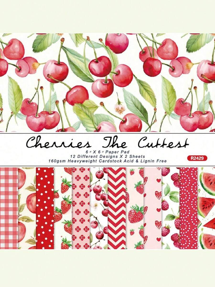 SHEIN 24 Sheets 6"X6" Cherries Scrapbook Paper Scrapbooking Patterned Paper Pack DIY Craft Background Paper 1Pack Back To School