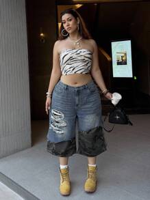 Slaydiva Plus Size Camouflage Patchwork Distressed 3/4 Length Jeans - Black - View 8