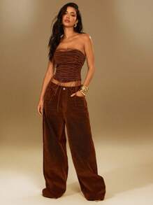 Denimoi Washed Denim Velvet Affect Straight Leg Baggy Jeans - Brown - View 2