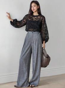 Dazy-Less 女士花卉印花透明蕾丝衬衫，宽松版型，适合商务、休闲、通勤、办公室穿着，春夏秋季长袖女上衣，秋季女装 - 黑色 - 查看 6