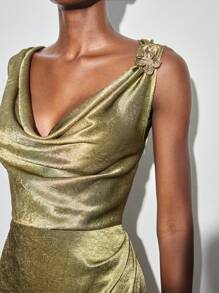 Maija Váy dài dệt vàng ôm sát tinh tế với thiết kế trơn bán trong suốt, váy satin vàng cổ chữ V sâu, váy vàng dự tiệc thanh lịch cho nữ mùa thu, giáng sinh - xanh quân đội - Xem 3