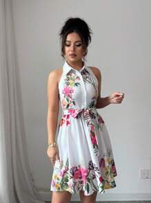 Elenzga Vestido de cuello halter de impresión floral elegante de verano