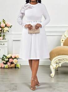 SHEIN Lady 2025 New Clothing Plus Size Women's Elegant Party Solid Color Lace Patchwork Midi Dress Easter Dress Women Graduation Dress Wedding Guest Dress Women Vacation Boho Cruise Outfits Women,Formal Dresses For Women Fall Women Clothes Back To School White Lace Dress Plus Size White Dress White Dress For Wedding Elegant White Dress Long Sleeve White Dress