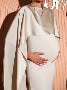 Loomaby 优雅孕妇派对纯色斗篷袖连衣裙性别揭示连衣裙孕妇装婴儿洗礼连衣裙 - 杏色 - 查看 5