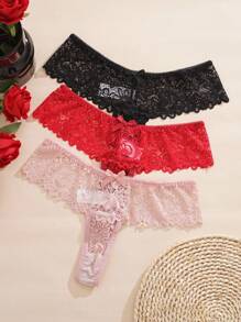SHEIN 3pcs/Set Sexy Bowknot Lace Thongs - Multicolor - View 1