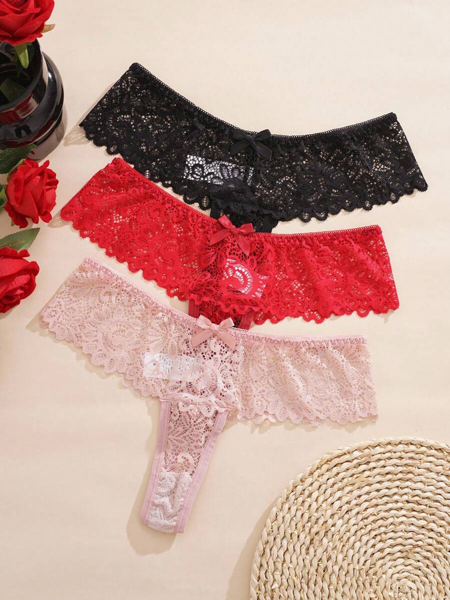 SHEIN 3pcs/Set Sexy Bowknot Lace Thongs - Multicolor - View 1