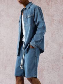 Manfinity EMRG Men's Casual Washed Denim Jacket And Shorts Set, Fall - Blue - View 4