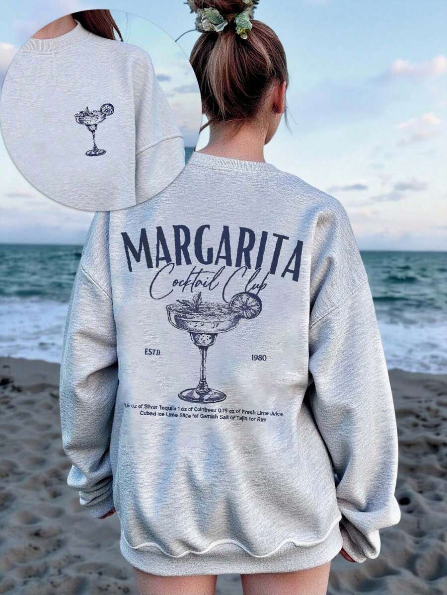 Veykashi 休闲度假简约印花图案宽松圆领长袖运动衫，大码女款，鸡尾酒印花，适合海滩灰色运动衫女款运动衫，返校节、返校节、夜间外出上衣秋冬