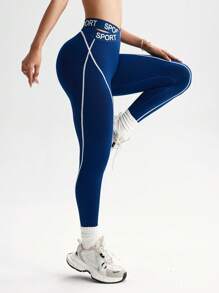 Core Rhythm 1 件女士宽腰字母弹力交叉腰带紧身裤，适合跑步和健身 - 藏蓝色 - 查看 4