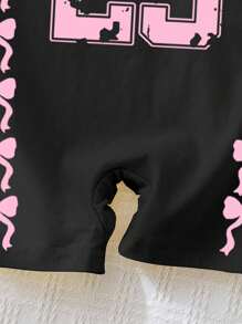 SHEIN Happikins Sweet Bow, English Numeral 23 Print, Sporty Chic Style, Baby Girl Casual Dungaree Shorts, Suitable For Spring & Summer Baby Girl Clothes Baby Clothes Girl Black White And Pink Baby Sportswear Toddler Girl Athletic Wear Baby Girl Race Outfit
