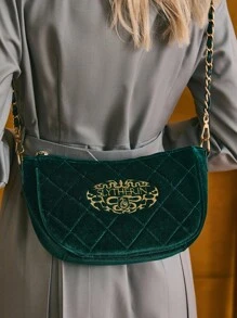 HARRY POTTER X SHEIN 女士字母刺绣绿色拉链时尚单肩包