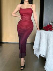 DAZY 女士渐变垂褶修身喇叭长连衣裙 夏季女装 - 紅色和黑色 - 查看 7