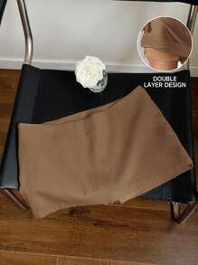 Comfortcana Falda mini de lino informal de cintura baja y corte evasé de unicolor para el verano, para mujer - Camel - Ver 9