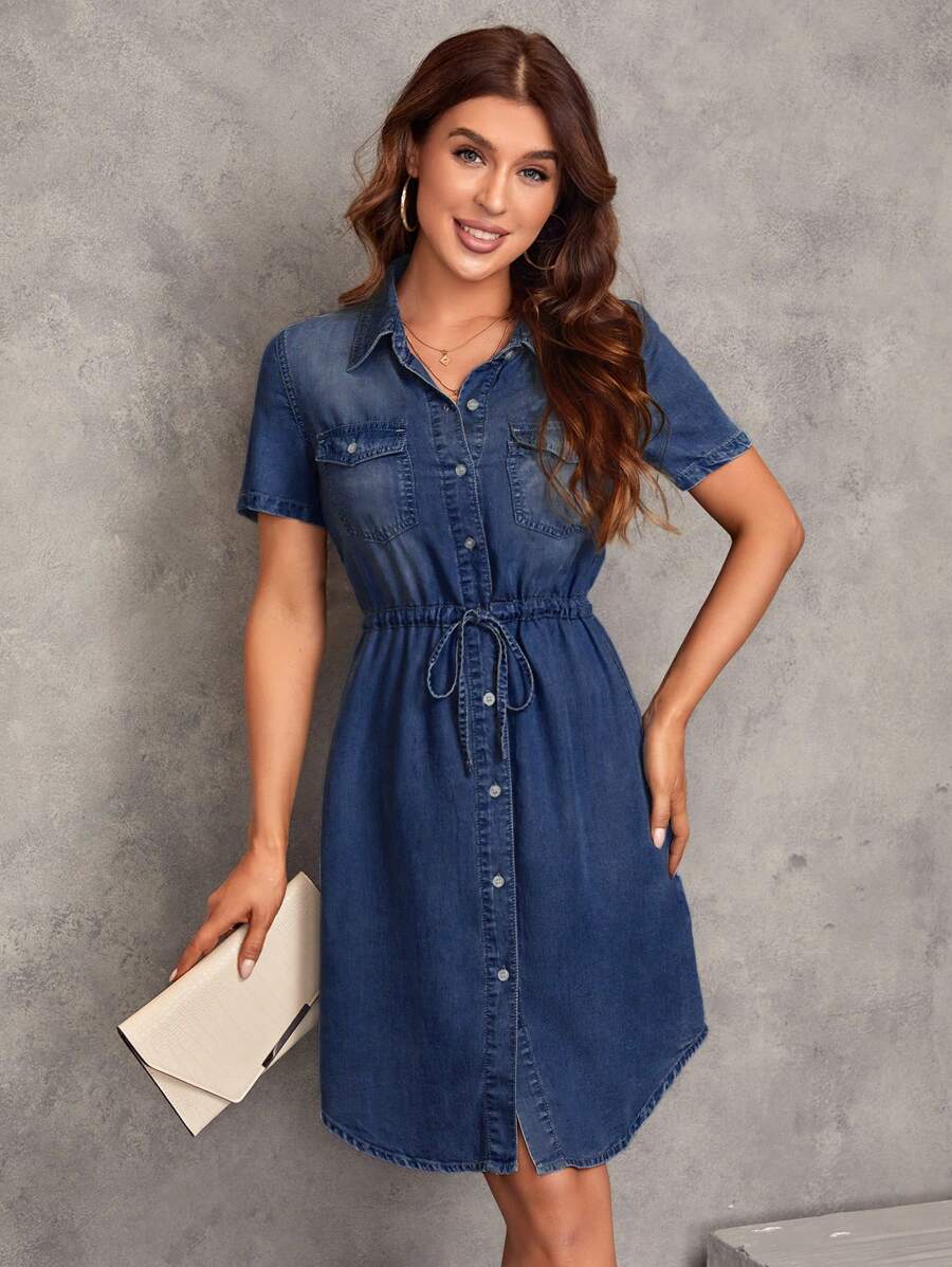 SHEIN LUNE Women Casual Drawstring Waist Button Front Denim Effect Dress, Summer Denim Dress Women Jean Dress Denim Shirt Dress