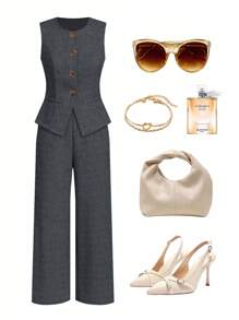 Ellevyn Sleeveless Top And Long Pants Suit, Minimalist Commute & Outing Elegant Linen-Feel Set