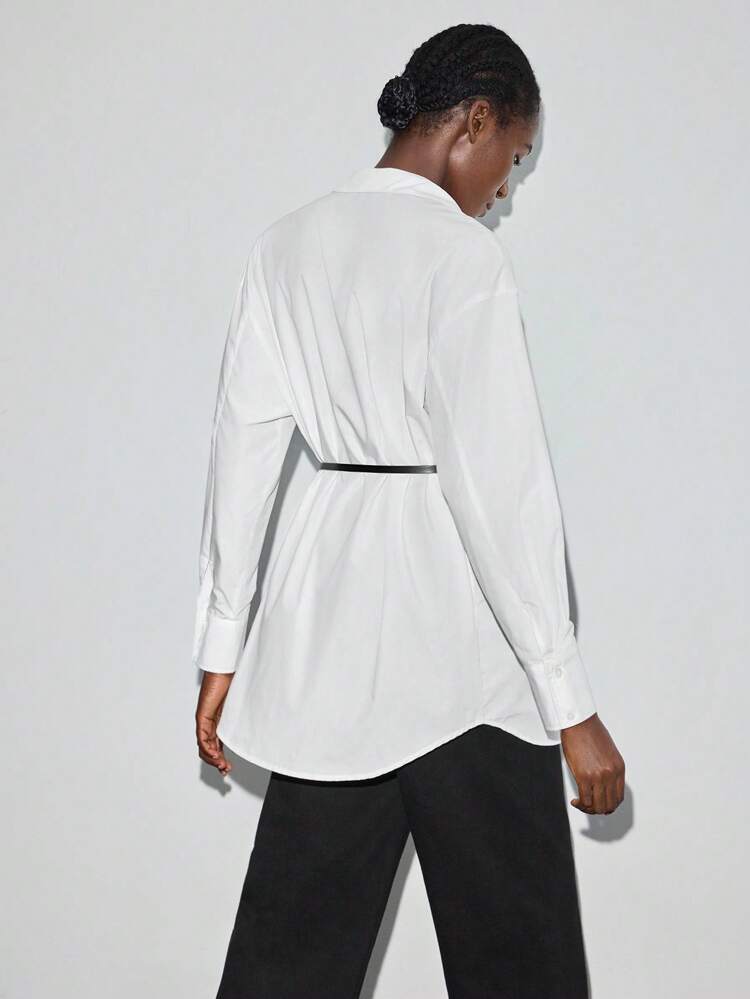 SHEIN Maija Camisa casual de oficina de un solo pecho con hombros caídos y unicolor para mujeres, camisa blanca sobredimensionada para el trabajo de las mujeres, ropa de mujer para otoño