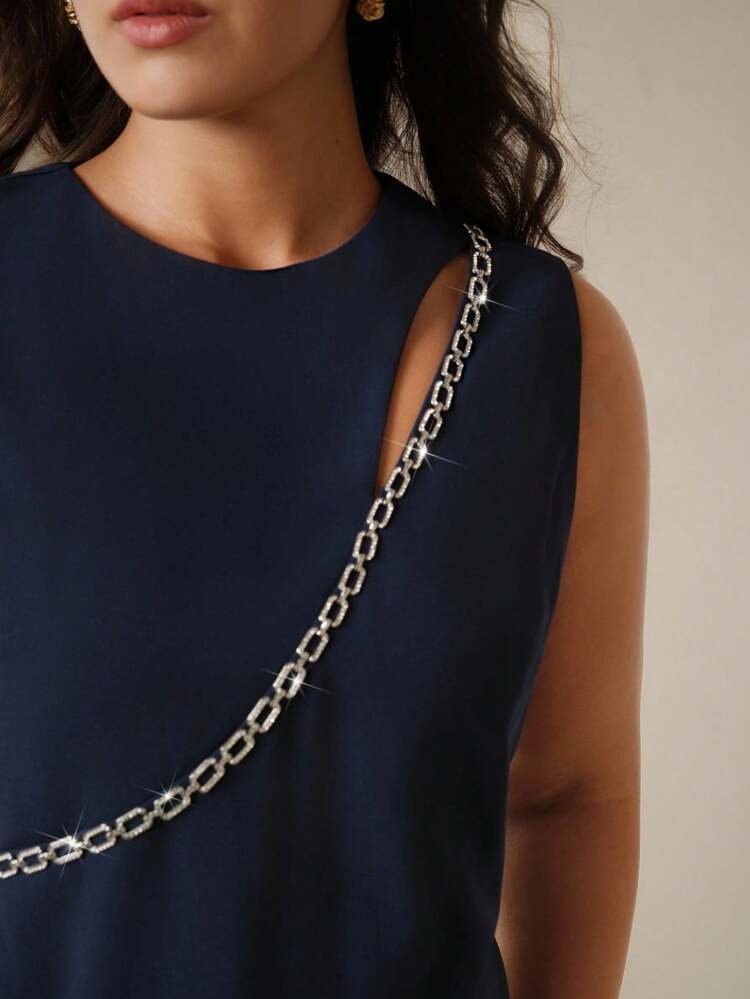 High-End Luxury Design Hollow Chain Long Sleeve Slit Bodycon Dress, Suitable For Wedding Guest