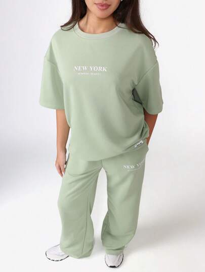 SUMWON 休闲春季套装 纽约文字印花两件套 阔腿裤 宽松T恤 清新夏季时尚 少女学生服装