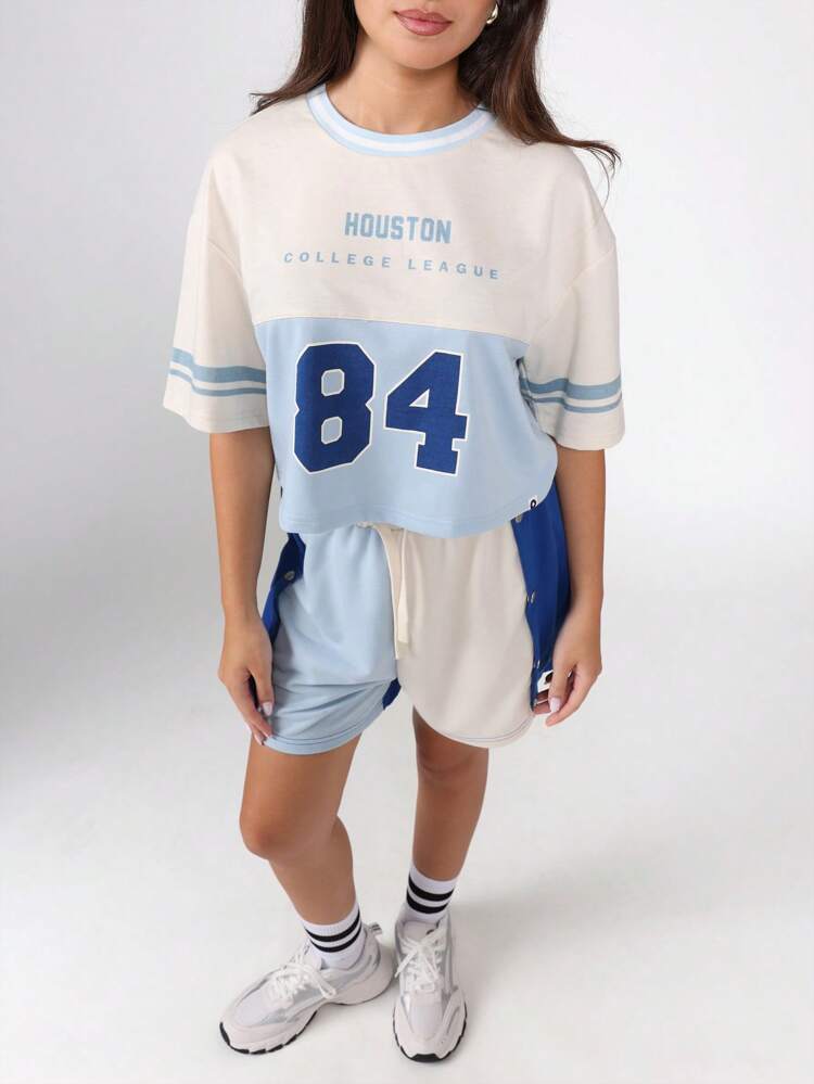 College League Crop Top And Shorts Set With Side Buttons